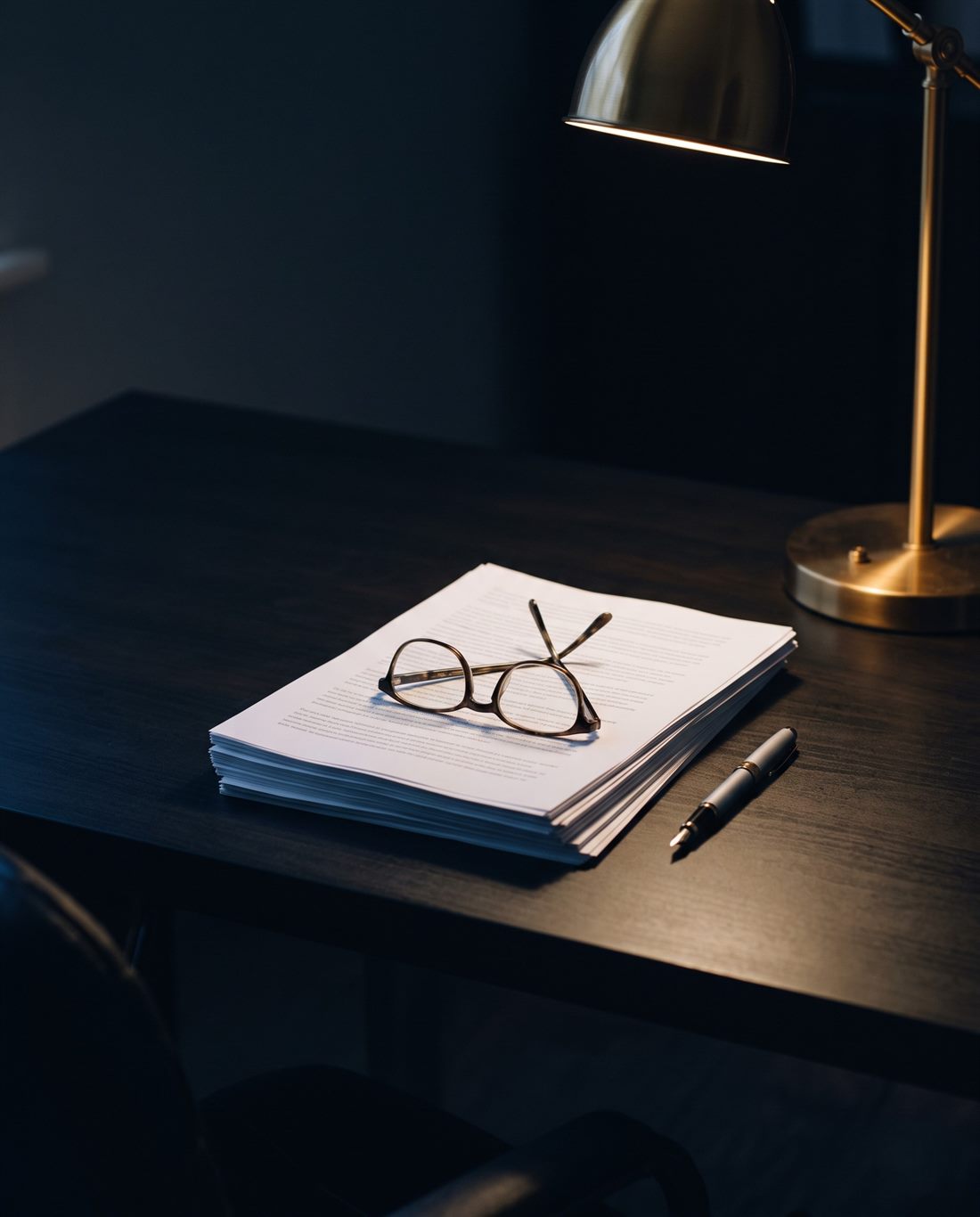 A stack of printed documents, a pen and folded reading glasses on a desk, lit by a single warm lamp.