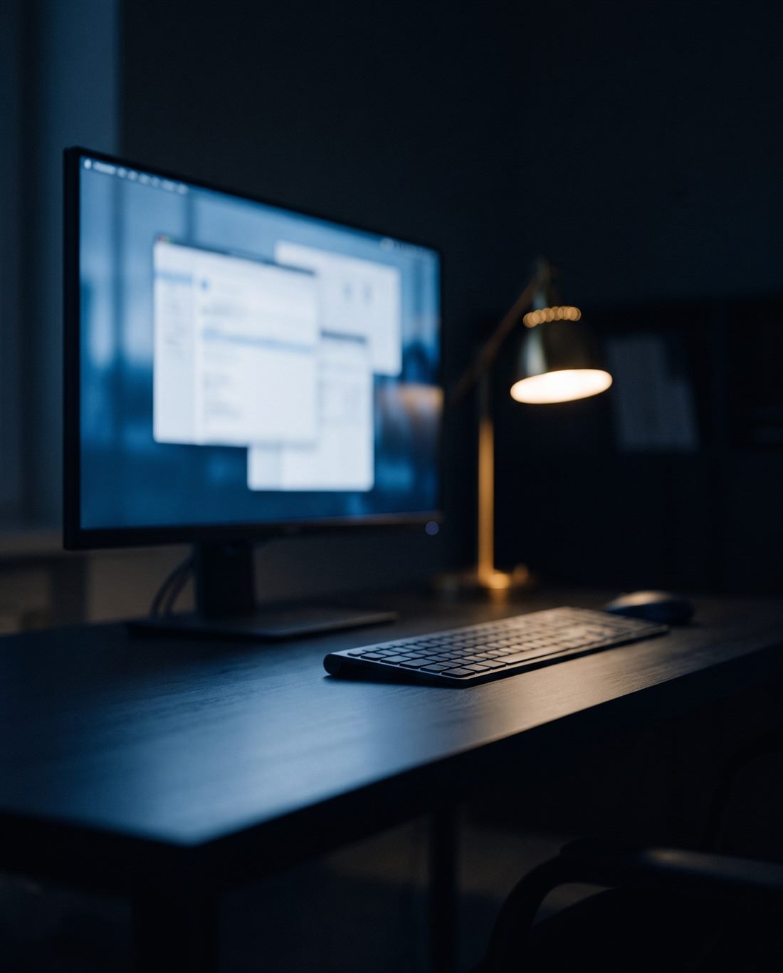 A dark office at night, a single wide monitor casting cool blue light across an empty desk.