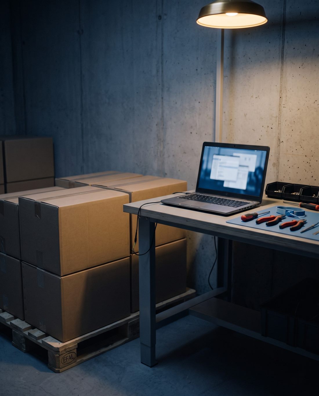 An equipment staging bench, sealed cartons stacked beside a laptop open for configuration and hand tools laid out.